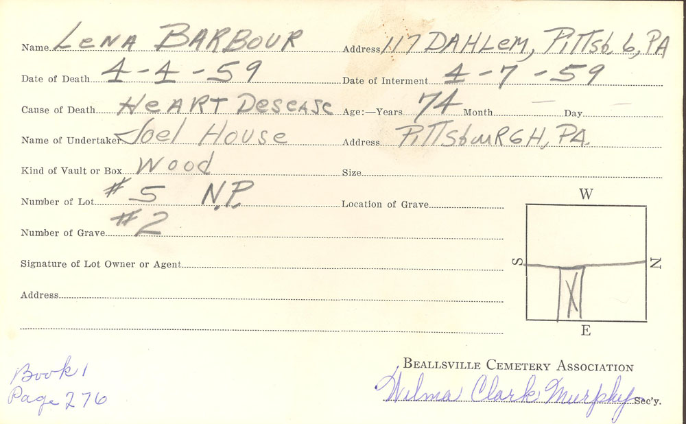 Lena Barbour burial card